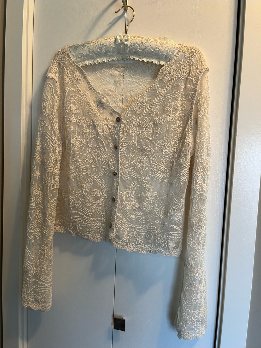 Lace Overlay Long-Sleeve Top - Ivory